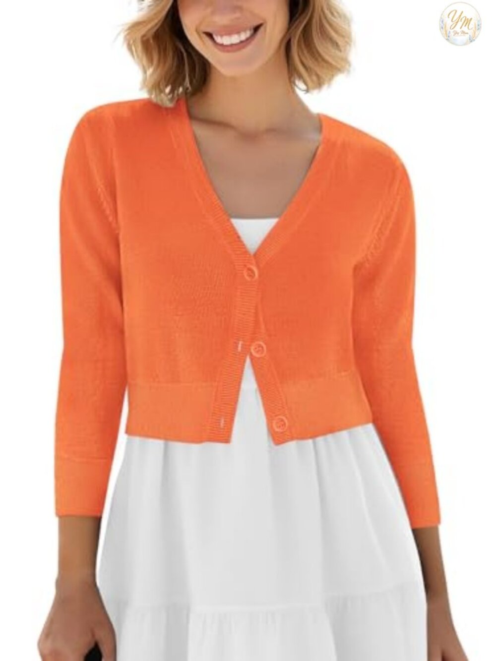 Cropped Cardigan V-Neck Button Down Knit Shrug 3/4 Sleeve